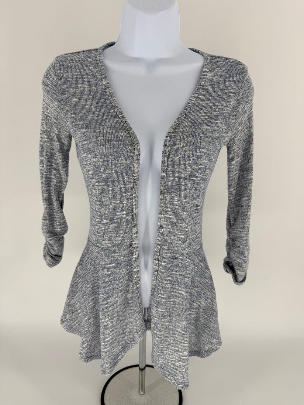 Candie’s XS Blue Marled Open Front Peplum Cardigan 3/4 Sleeve Lightweight Knit